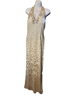 VTG NiteLine by Nahdree Beaded Sequin Halter Gown White Gold Size 8 Hand Wash